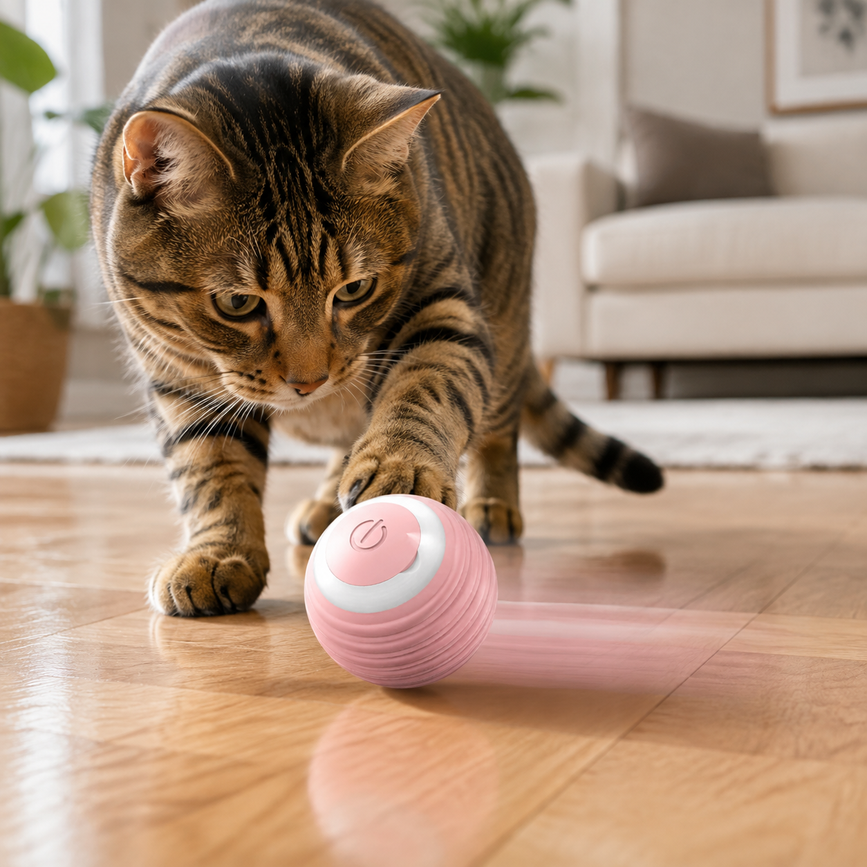 A cat reaching for the pink Roll Play Ball